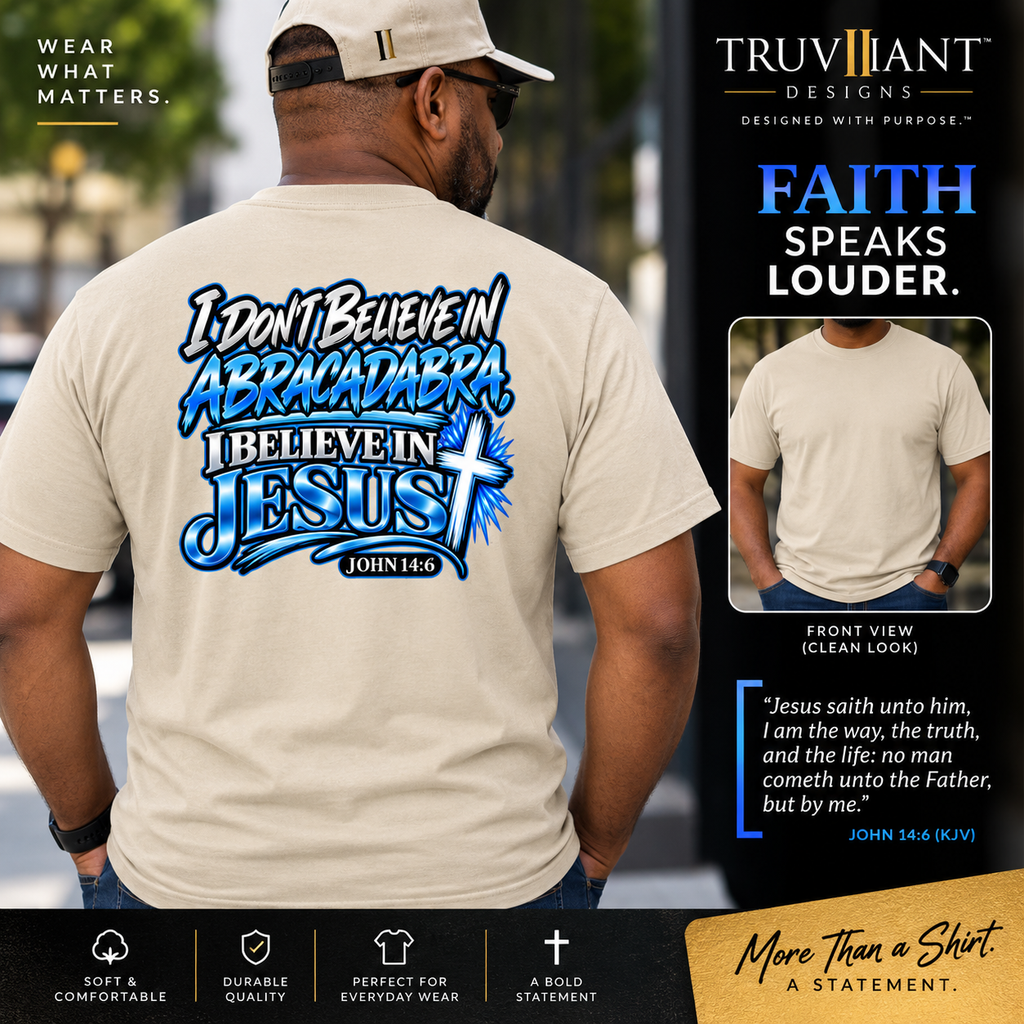 I Don’t Believe in Abracadabra, I Believe in Jesus T-Shirt | John 14:6 | Back Print